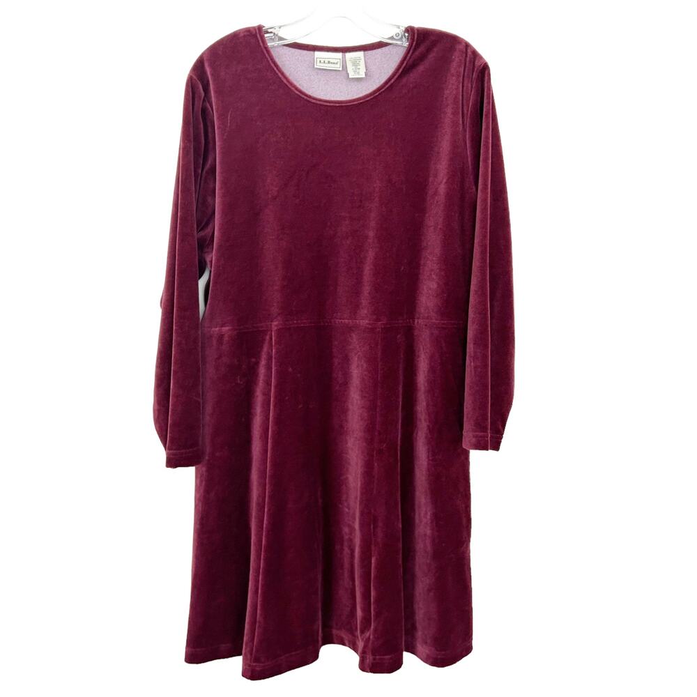 LL Bean Maroon Velvet Long Sleeve Dress Sz L